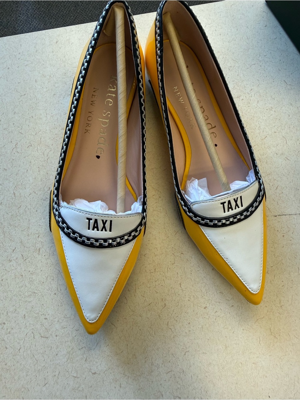 kate spade Two-Tone Yellow and White Pointed Toe Flats with 'TAXI' Detail - Picture 2 of 6